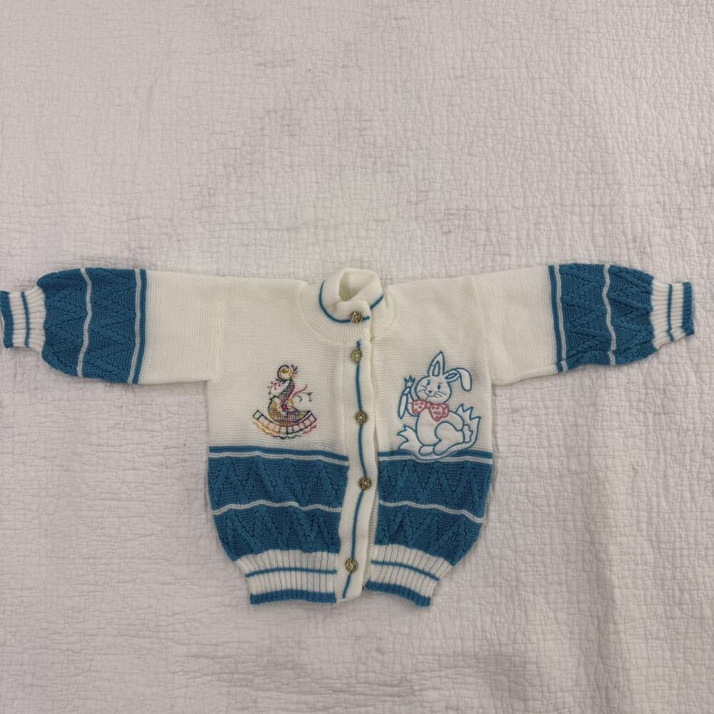 VTG Nann-Knits Baby Nordic Knitted Blue/White Cardigan Sweater Embroidered 0-6mo
